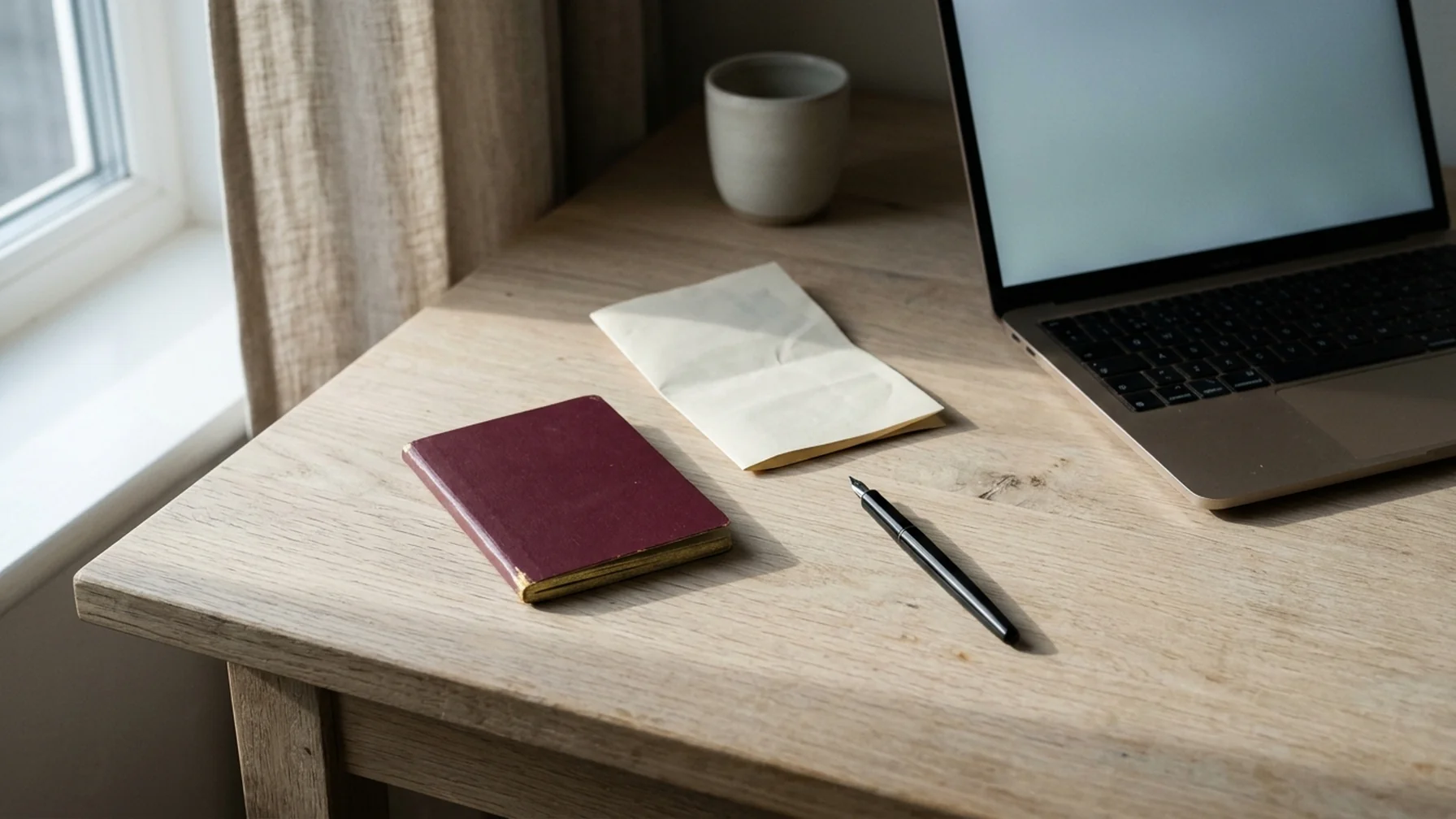 Passport, proof-of-address letter and a pen on a clean desk next to a laptop