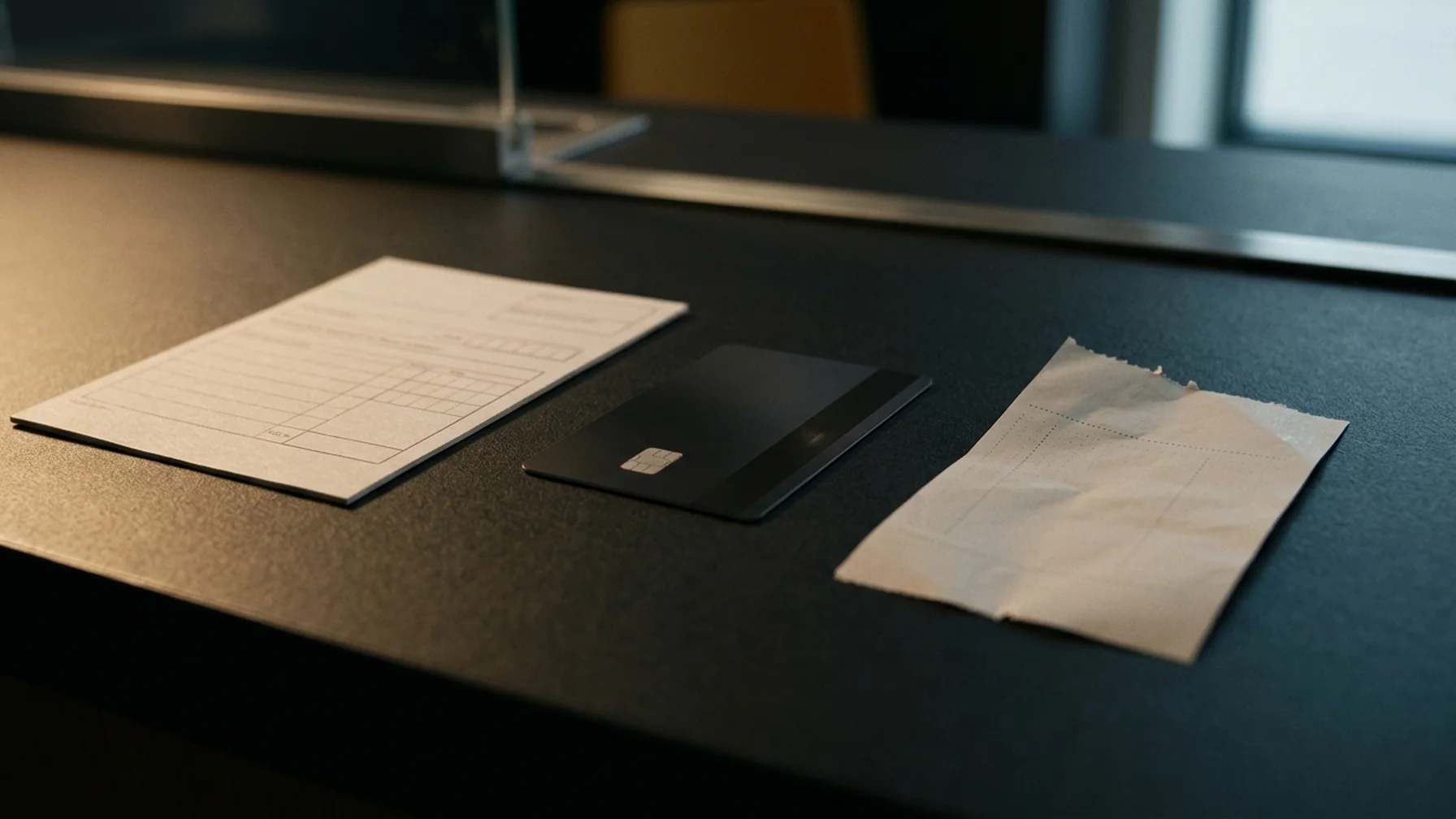 Bank counter with a wire transfer form, a debit card and a cash pickup slip arranged side by side